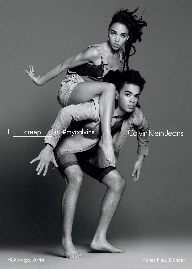 FKA Twigs poses with dancer Kaner Flex for Calvin Klein Jeans' spring 2016 advertising campaign