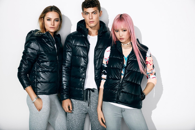 Bridget Malcolm, Jacob Hankin and Fernanda Ly wear puffer jackets for BONDS' fall-winter 2016 campaign