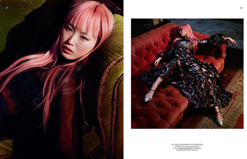 Photographed with her signature pink hair, Fernanda Ly wears romantic dresses for the feature