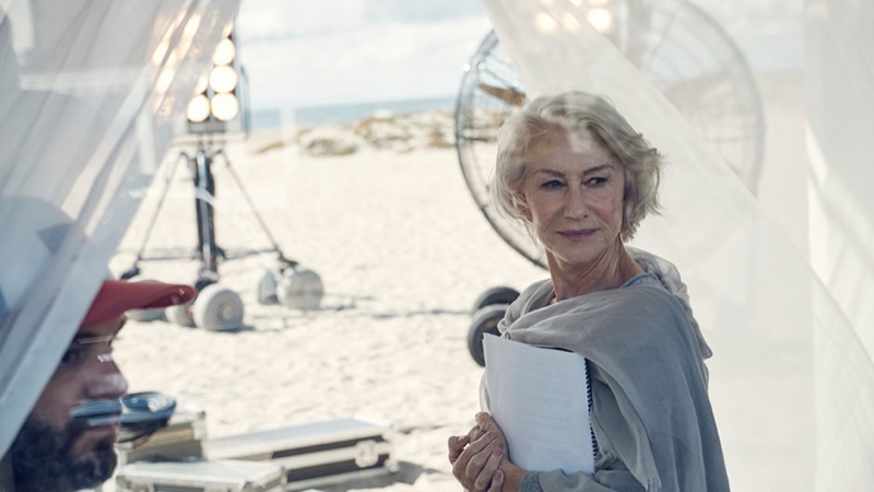 Helen Mirren all smiles behind the scenes of L'Oreal Paris Age Perfect 2016 beauty commercial