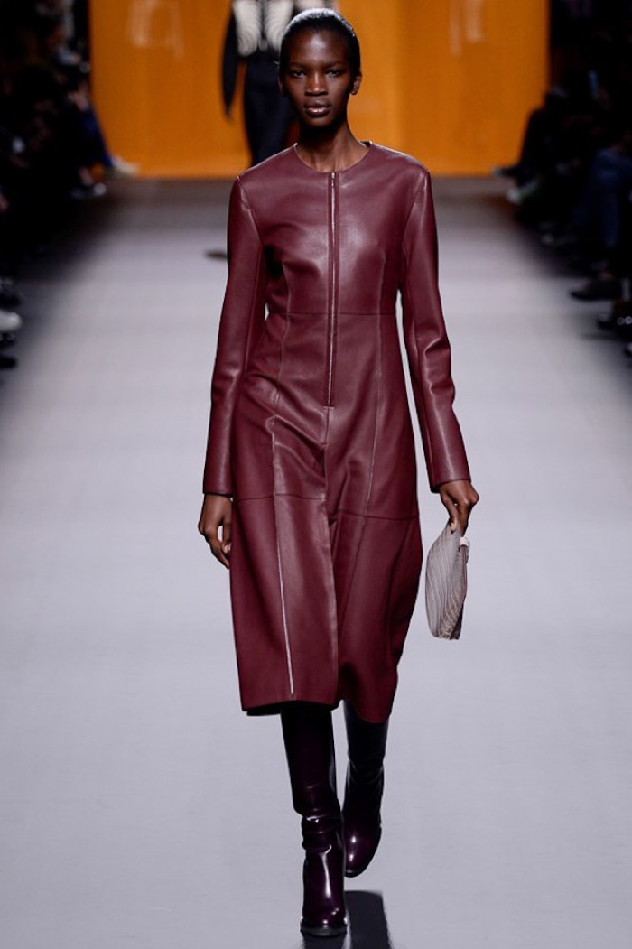 A model walks the runway at Hermes' fall-winter 2016 show wearing a leather jacket