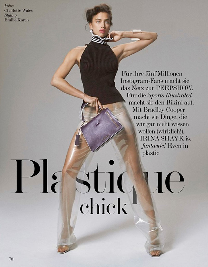 Irina Shayk models plastic chic style for the fashion editorial