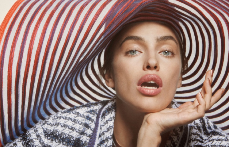 Irina Shayk models a Giorgio Armani hat 
