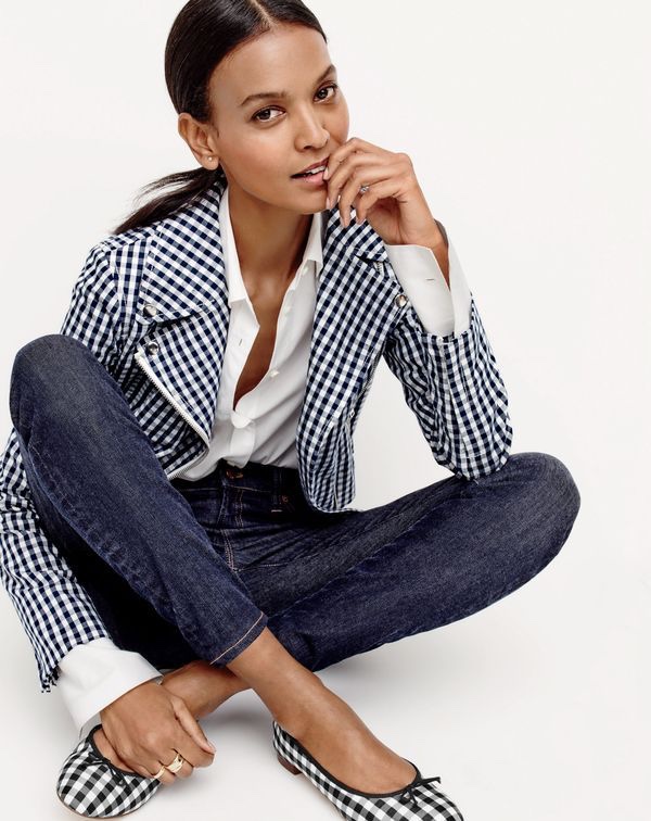 J.Crew Women’s Motorcycle Jacket in Gingham, Thomas Mason® for J.Crew Boy Shirt, Lookout High-Rise Jean in Resin Wash and Kiki Ballet Flats in Gingham