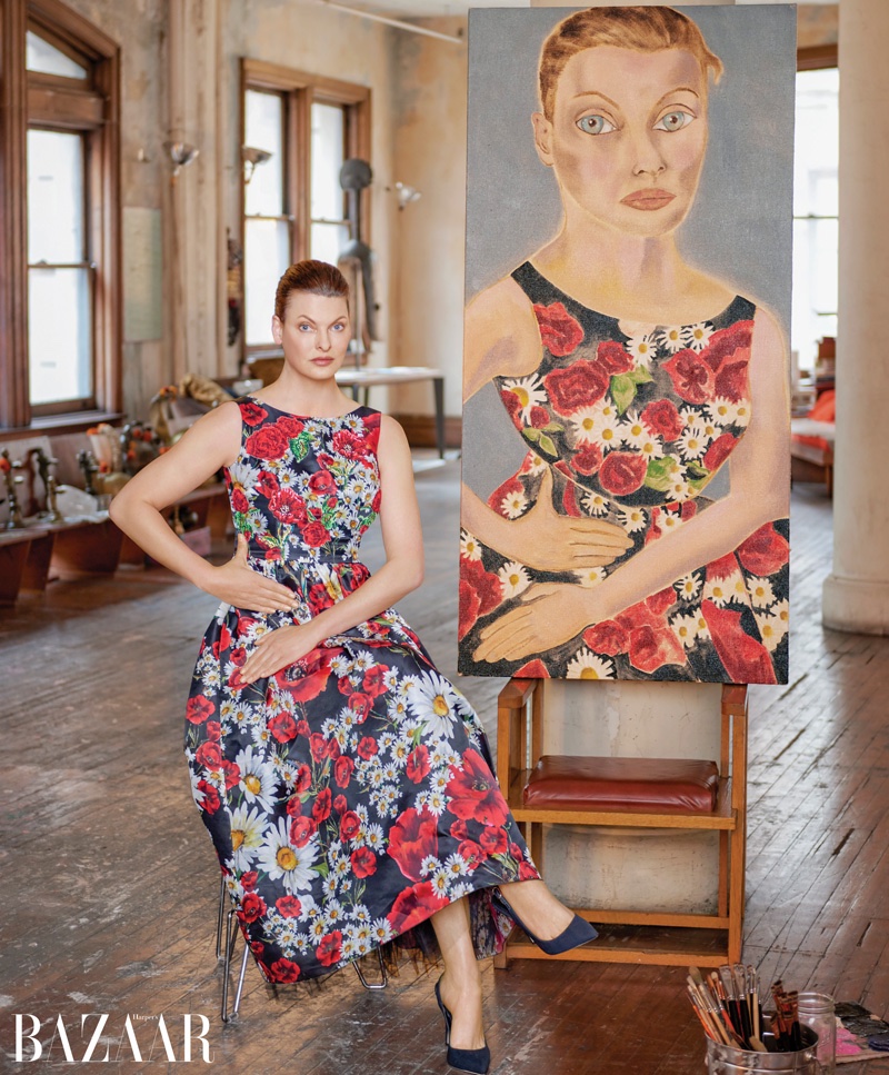 Linda Evangelista poses next to Francesco Clemente portrait. Photo: Harper's Bazaar / Jason Schmidt 