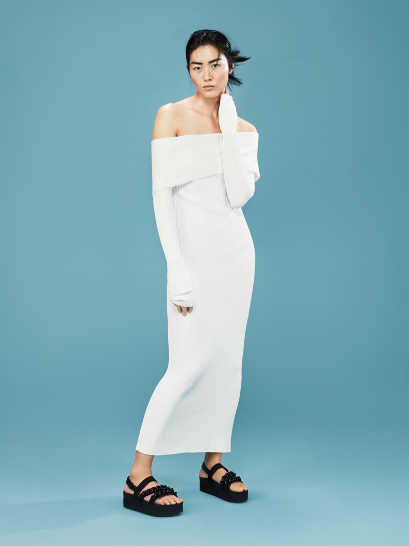 Liu Wen models an off the shoulder maxi dress from Mango's spring 2016 collection