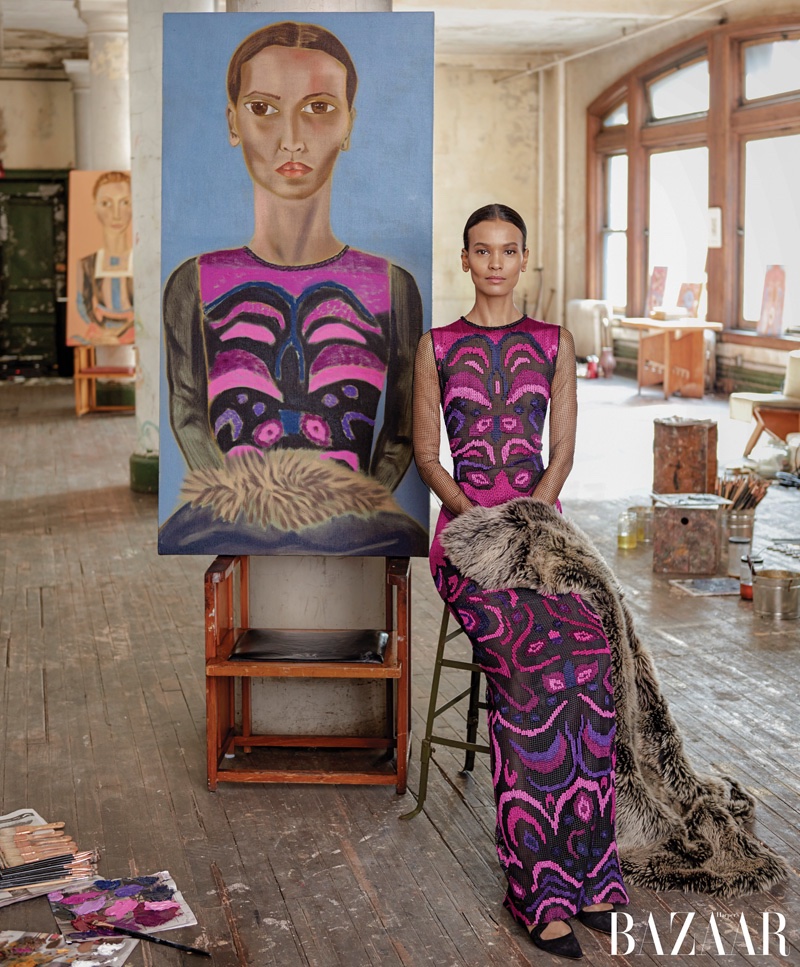 Liya Kebede poses next to Francesco Clemente portrait. Photo: Harper's Bazaar / Jason Schmidt 