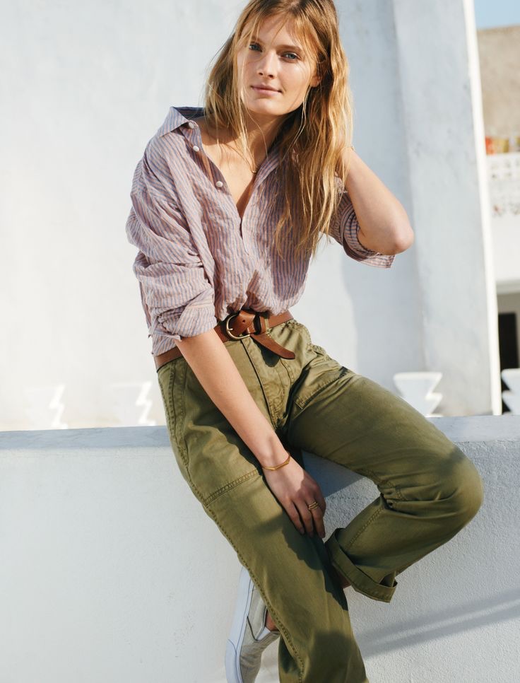 Madewell Ollie Pants, Rivet & Thread Seersucker Shirt and Perfect Leather Belt