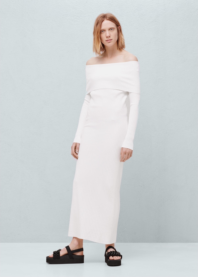 Mango White Ribbed Long Dress