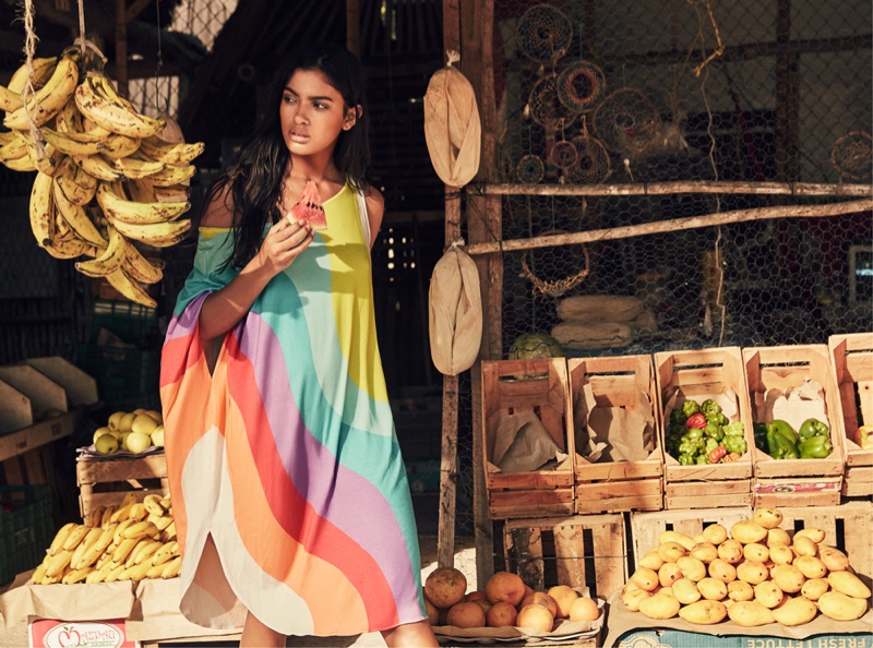 Rania Benchegra models a draped dress from Mara Hoffman's spring 2016 collection