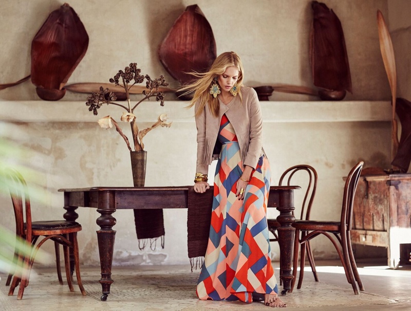 Heading indoors, Marloes strikes a pose in a fringed jacket and printed maxi dress