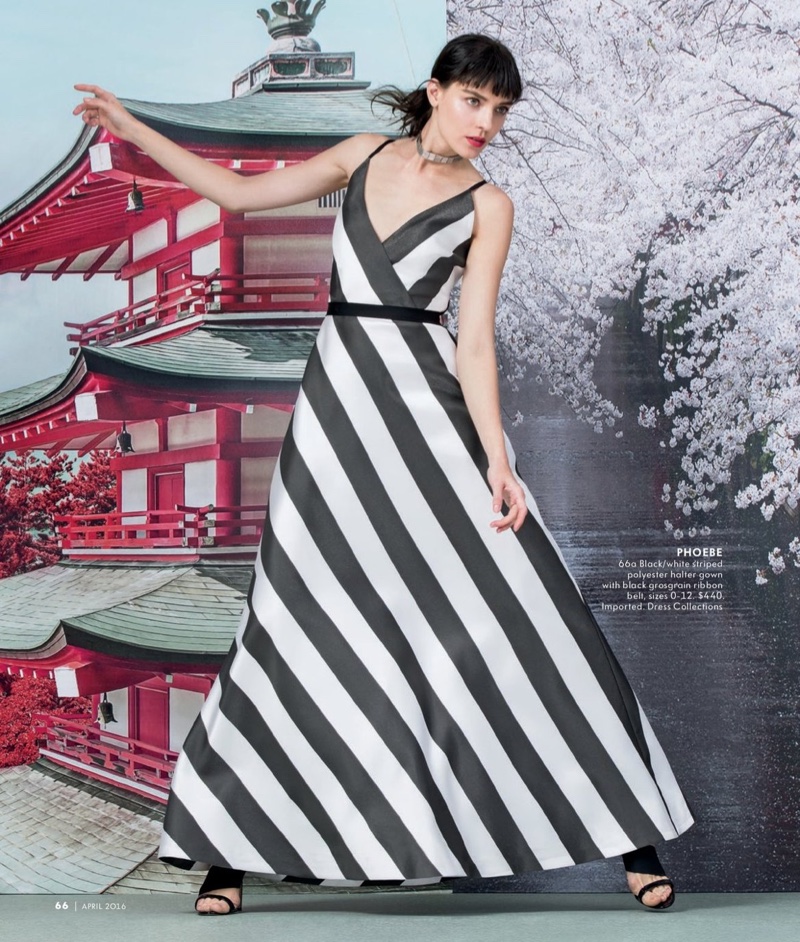 In the mood for stripes? Phoebe’s halter neck gown in black and white is a winner