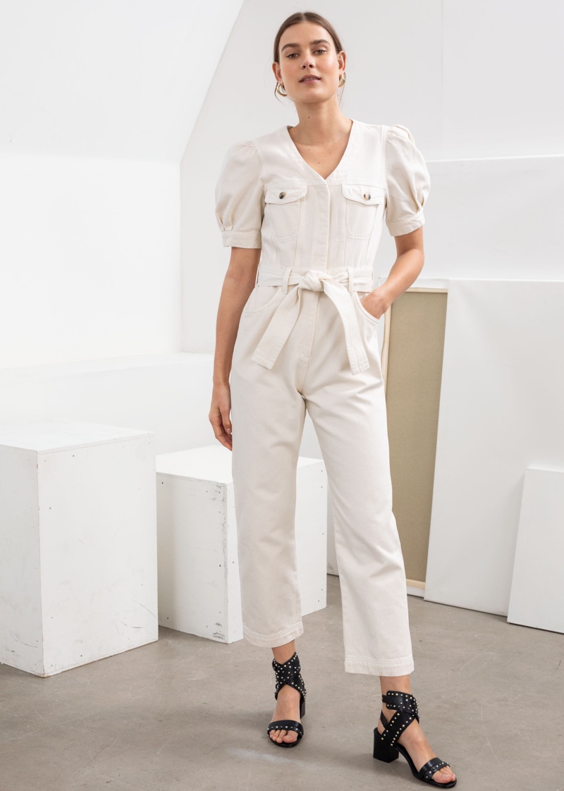 & Other Stories Belted Puff Sleeve Denim Jumpsuit $99