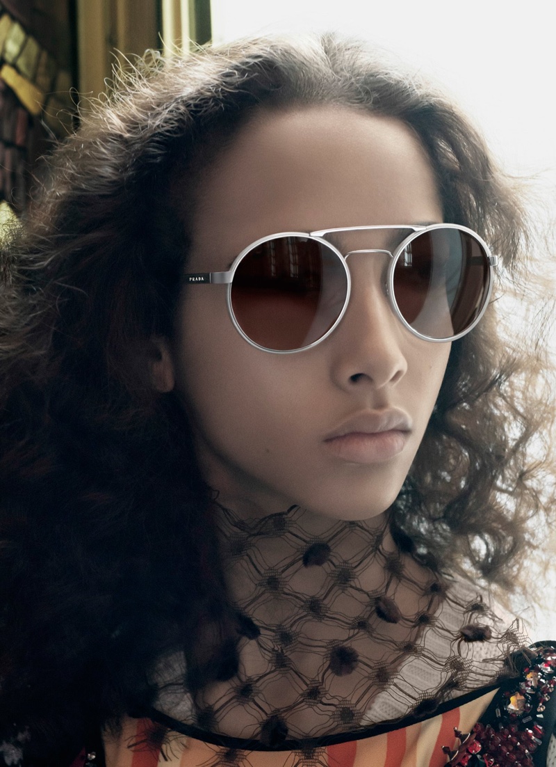 Yasmin Wijnaldum stars in Prada's spring 2016 eyewear campaign