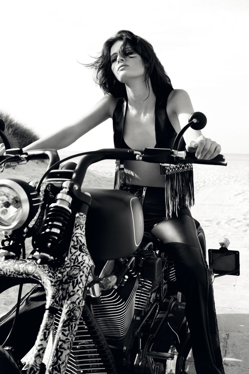 Isabeli Fontana models a fringe adorned vest from Redemption Choppers' spring 2016 campaign