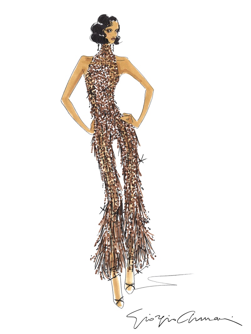 A sketch of Rihanna's brown jumpsuit with Swarovski crystals that she wears at the Anti world tour. Photo: Armani