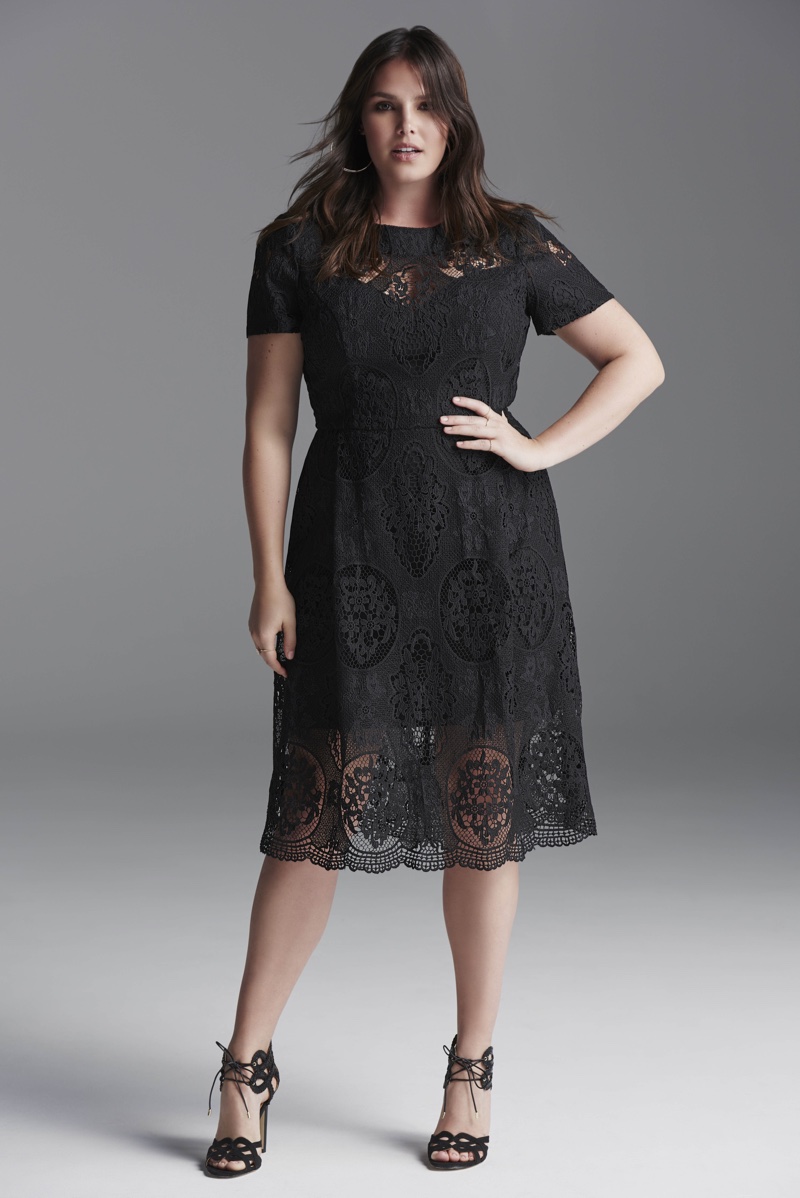 Candice Huffine poses in a black lace dress for River Island's spring 2016 plus size collection
