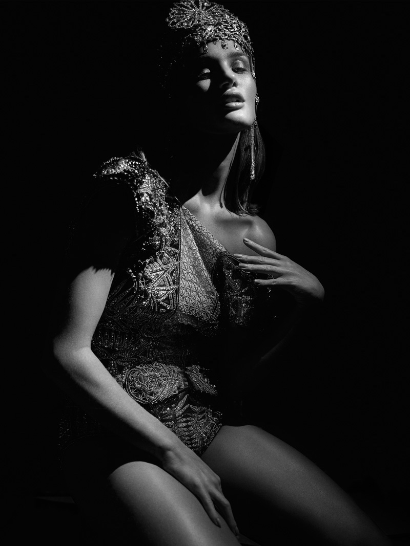 Rosie Huntington-Whiteley stuns in a Julien Macdonald bodysuit with Pebble London headpiece. Photo: Hunger / Dusan Reljin