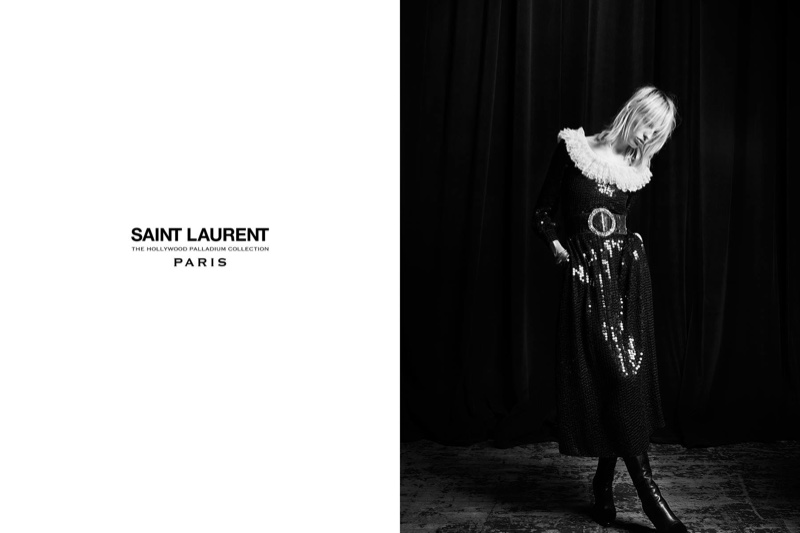 Lili Sumner models sequin embellished dress with ruffled collar from Saint Laurent's 2016 Palladium collection