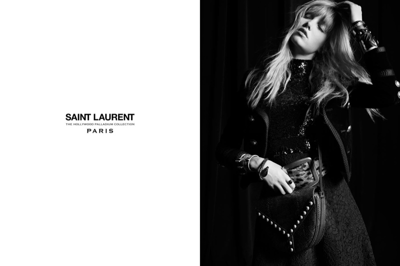 An embroidered saddle bag is front and center in Saint Laurent's Palladium 2016 campaign