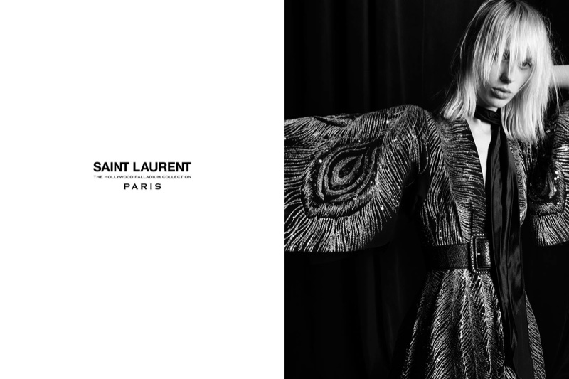 Photographed by Hedi Slimane, Lily Sumner wears embroidered dress from Saint Laurent's Palladium 2016 collection