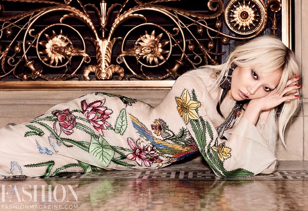 Soo Joo Park models a Gucci floral print dress with Rita Tesolin ring
