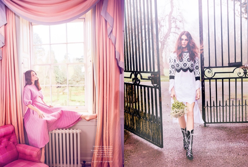 Photographed by Ellen von Unwerth, the model wears embellished dresses and gowns