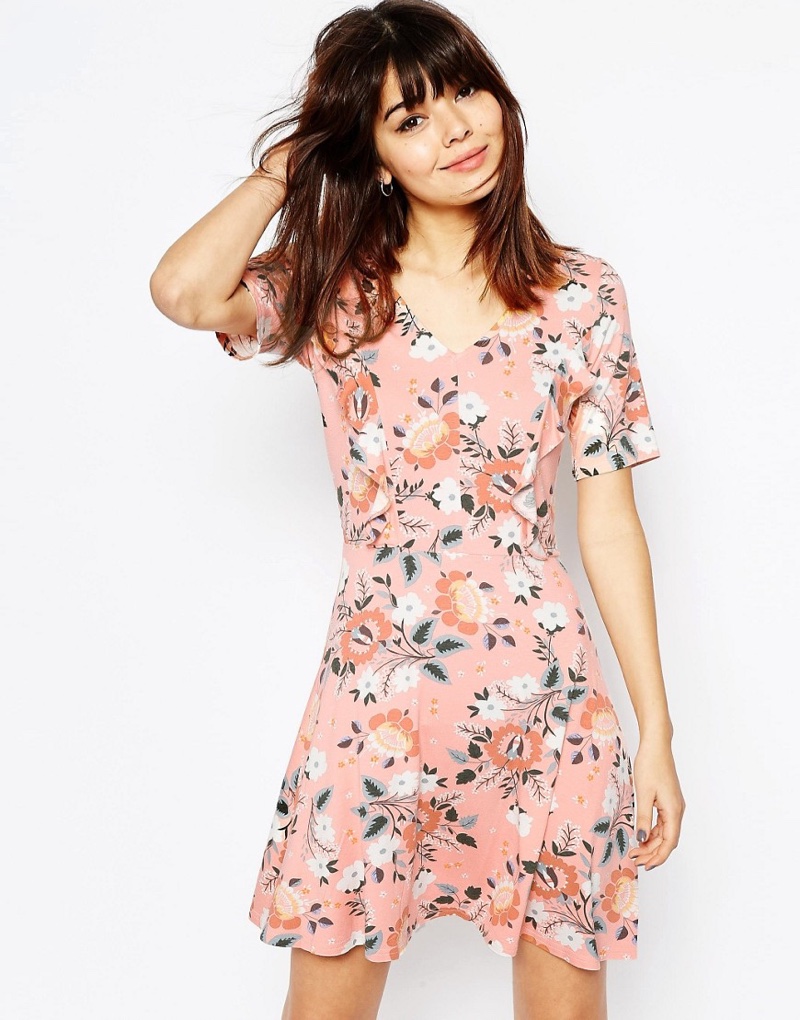 ASOS Skater Floral Print Dress with Ruffle Detail