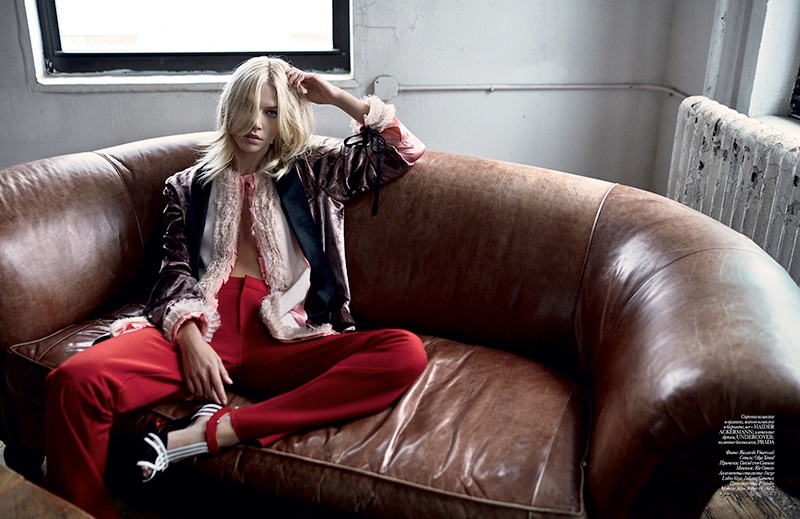 Aline Weber models Haider Ackermann jacket and shirt, Undercover pants with Prada heels