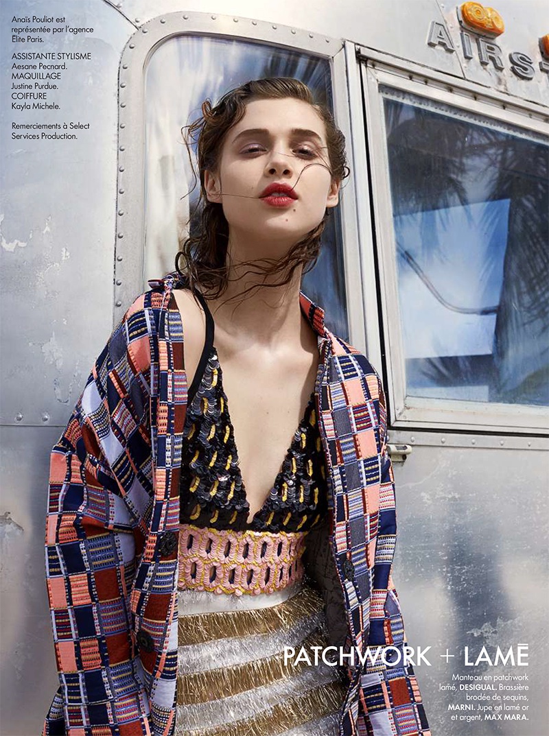 Anais models patchwork jacket from Desigual with Marni sequin embellished bra top and Max Mara skirt