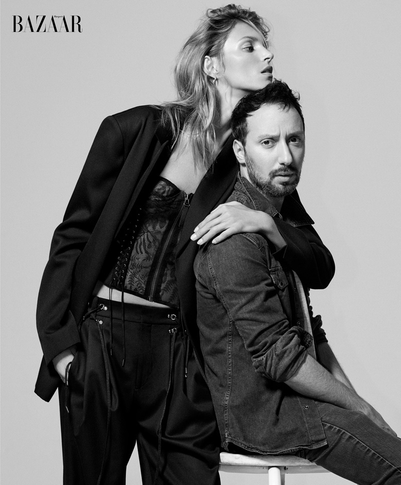 Anja Rubik poses with designer Anthony Vaccarello for the May issue of Harper's Bazaar