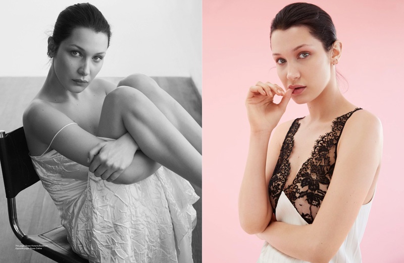 (Left) Bella sits in a Victoria Beckham slip dress (Right) The model wears a Celine camisole top with black lace