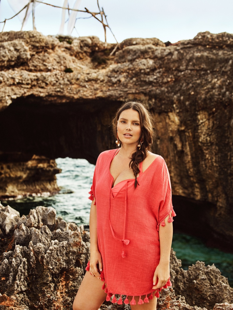 Violeta by Mango features a coral beach cover-up with tassel embellishment