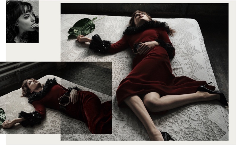 Lounging on a bed, Dakota Johnson wears a Saint Laurent belt and dress with Manolo Blahnik heels