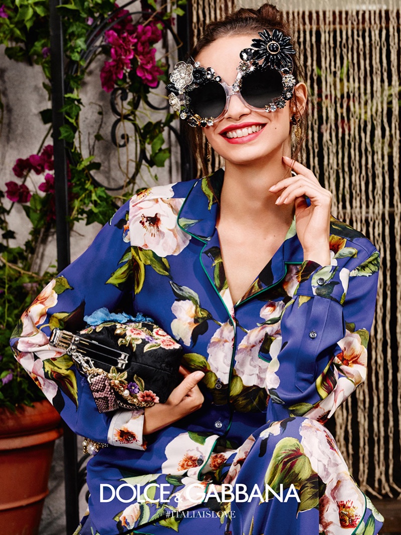 Luma Grothe wears embellished sunglasses from Dolce & Gabbana's spring 2016 eyewear campaign