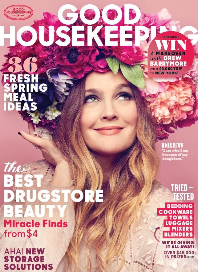 Drew Barrymore covers the May 2016 issue of Good Housekeeping in a Rebecca Taylor dress.