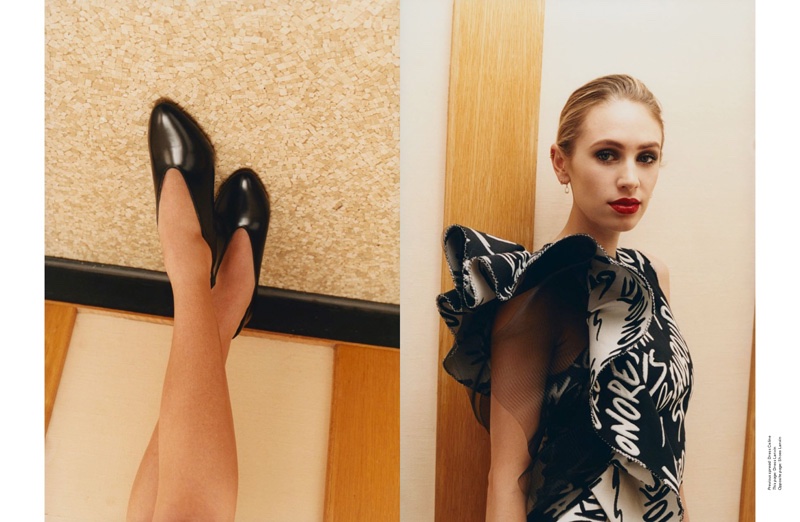 Dylan Penn wears Lanvin heels (left) and Lanvin dress with ruffles sleeves (right)