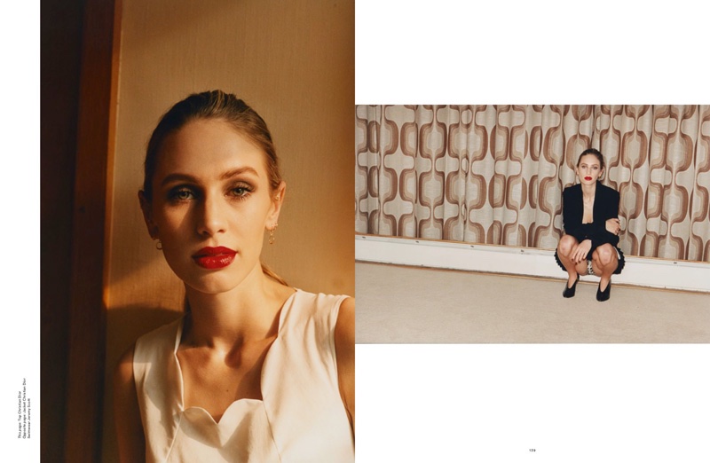 Dylan Penn shows off a ruby red lipstick shade in the photo session