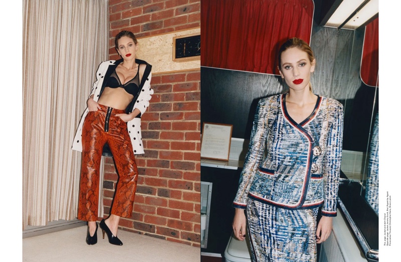 (Left) Dylan has a casual moment in Jeremy Scott jacket, L’Agent by Agent Provocateur bra, Christopher Kane trousers and Lanvin shoes (Right) The model suits up in a tweed Chanel jacket and skirt