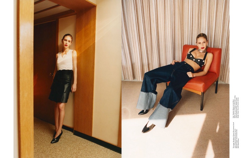 Dylan Penn poses for Exit Magazine, wearing top and skirt combo (left) with Jeremy Scott bra, Natasha Zinko jeans and Lanvin shoes