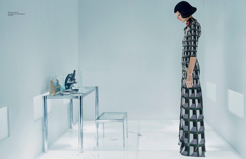 Josephine serves futuristic realness in a minimal room wearing a Gucci dress