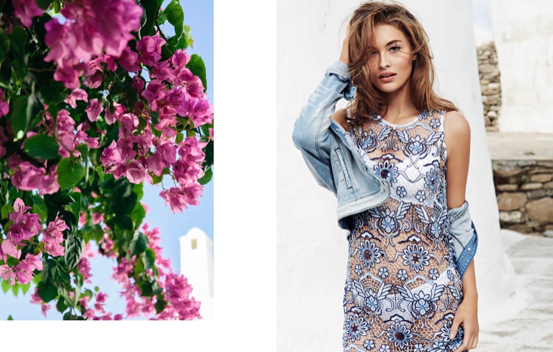 Guess features a denim jacket paired with a macrame floral dress in spring 2016 campaign