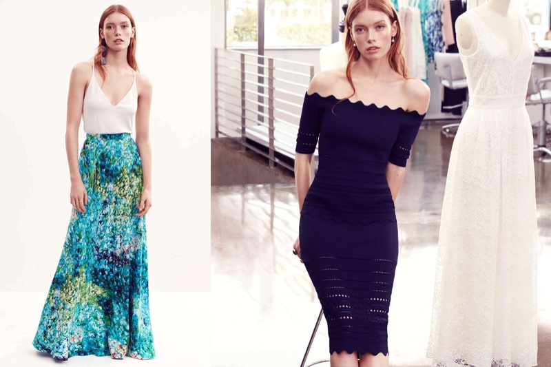 (Left) V-Neck Camisole Top, Long Silk Skirt (Right) H&M Off-the-Shoulder Top and Pencil Skirt