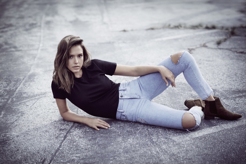 Jessica Alba poses in distressed denim from DL1961's spring 2016 collection