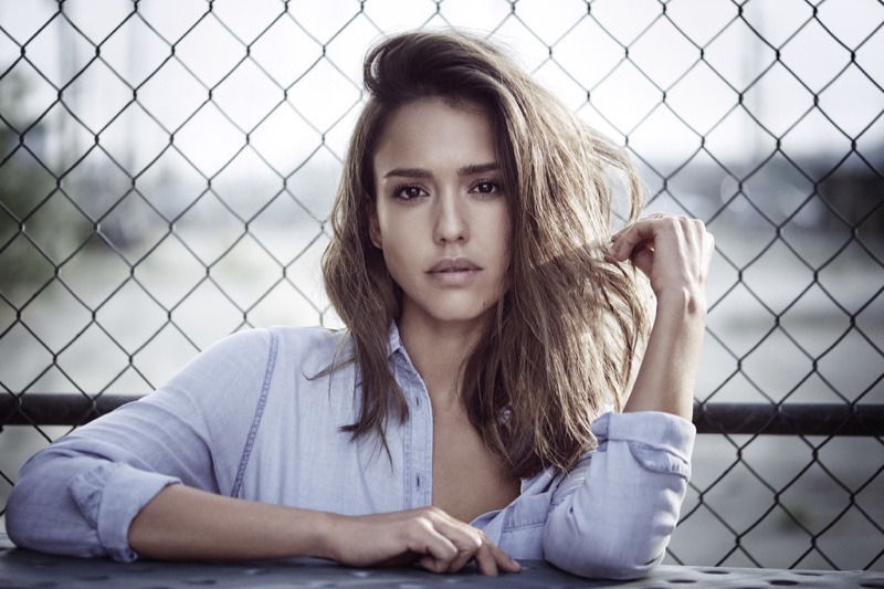 Jessica Alba wears a wavy hairstyle in DL1961 campaign