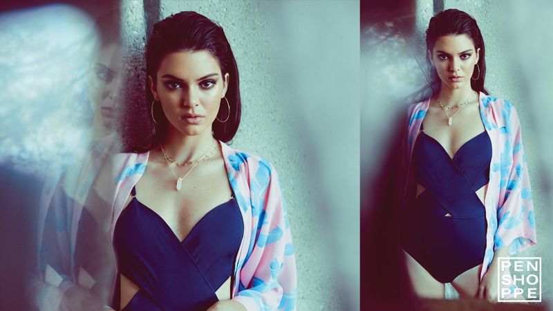 Kendall Jenner models a one-piece swimsuit and beach coverup from Penshoppe