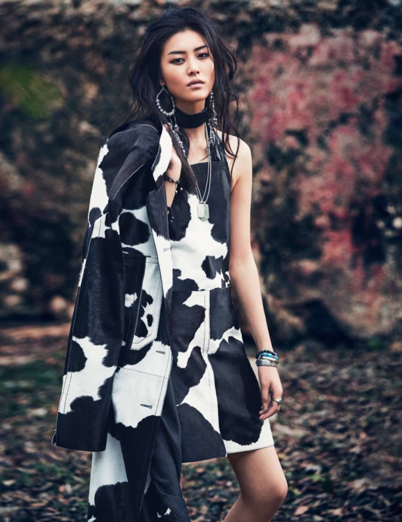 Liu Wen models Nina Ricci leather dress and jacket with cow print