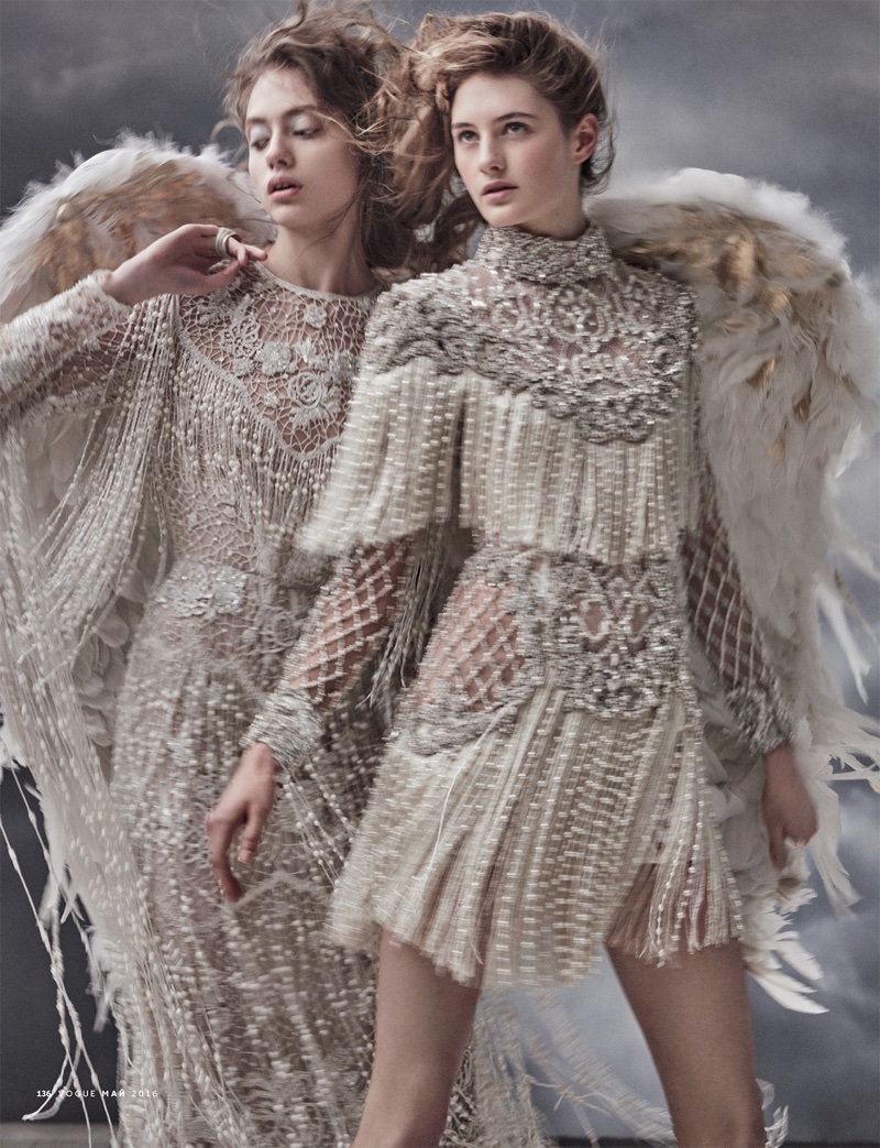 Embracing fringe, the fashion editorial features embellished gown from Elie Saab (left) and mini dress from Balmain (right)