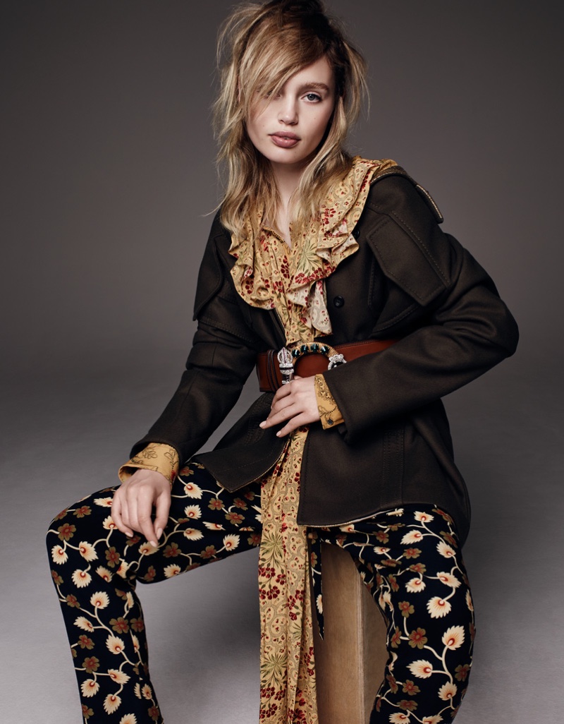 The editorial mixes floral prints with a military inspired khaki jacket