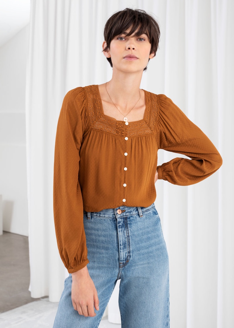 & Other Stories Cropped Lace Trim Peasant Blouse $89